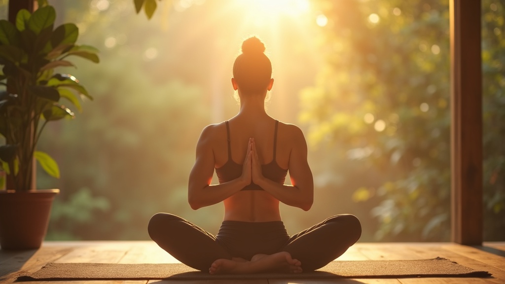 Personne en position assise pratiquant une respiration consciente dans un environnement calme et lumineux