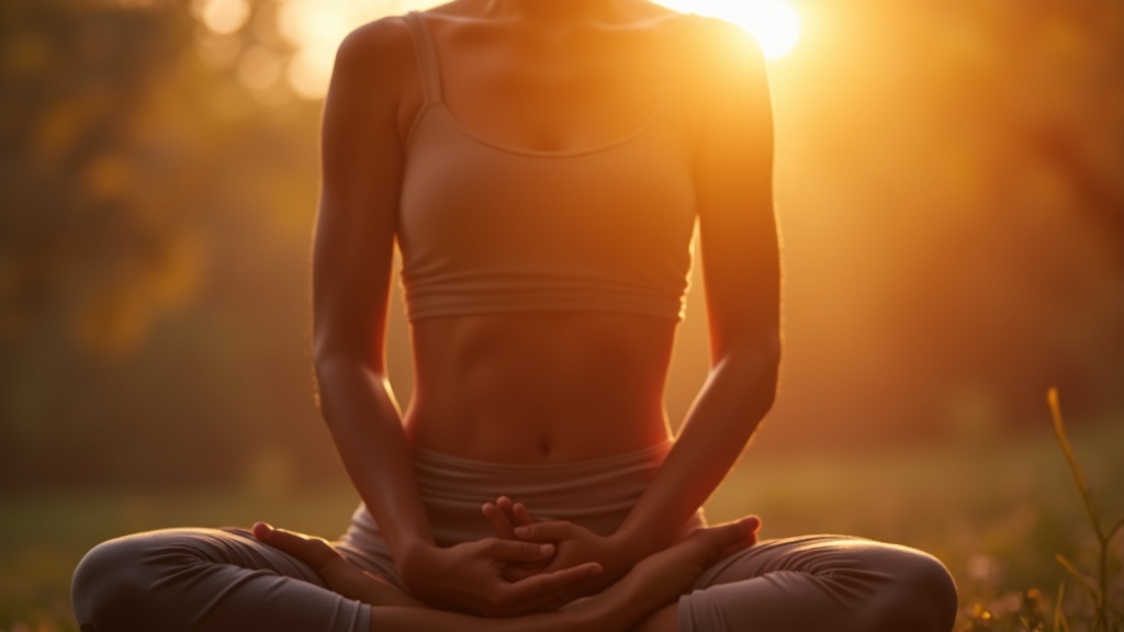 Vue en gros plan d'une personne posant les mains sur sa poitrine dans une posture de calme conscient, lumière chaude apaisante