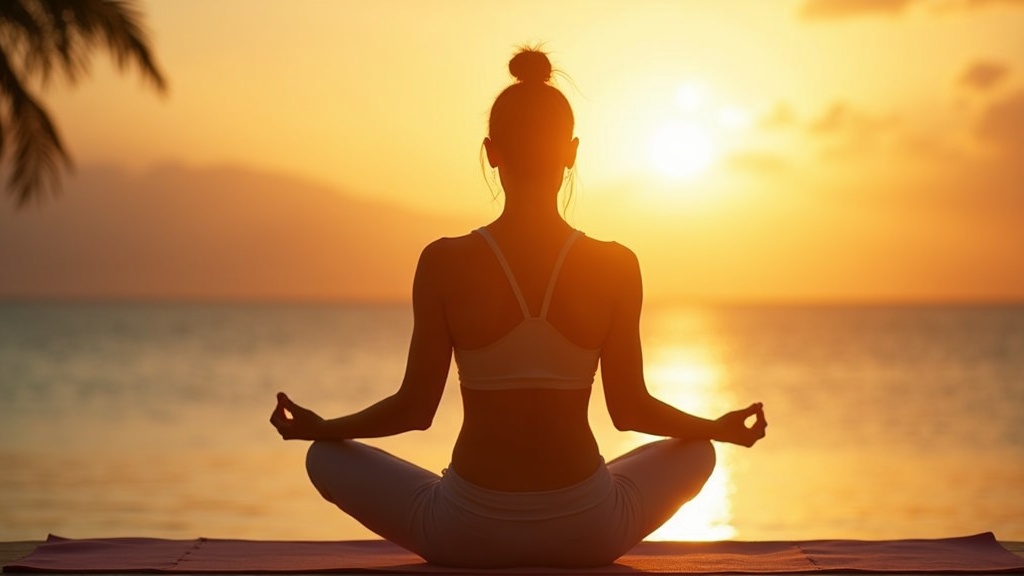 Personne assise en tailleur sur un tapis de yoga, pratiquant une respiration consciente au lever du soleil
