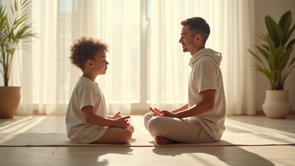 Enfant et adulte assis face à face en tailleur sur un tapis clair, pratiquant une respiration consciente ensemble dans une pièce lumineuse