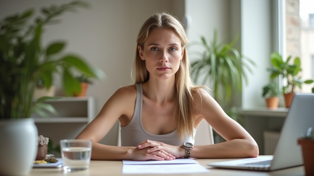 Personne en posture de concentration devant un bureau épuré, yeux fermés, mains posées à plat, lumière naturelle douce